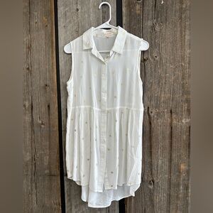 Solitaire Bee Print Long Button Up Sheer Cream Blouse Size Small